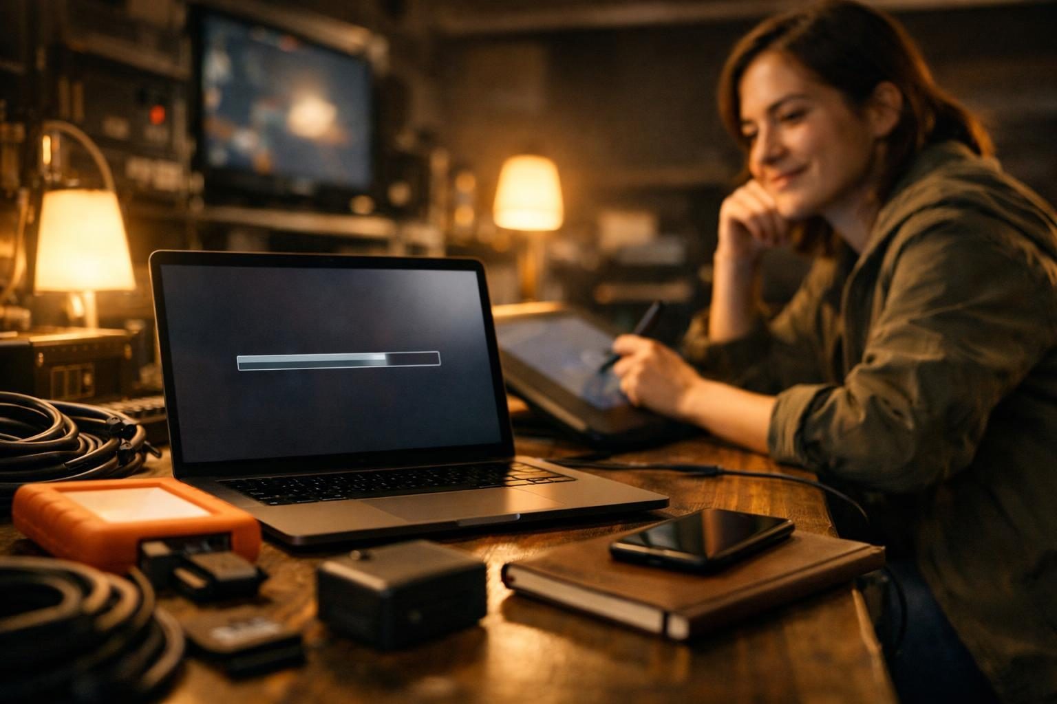 A film-set DIT cart area in warm evening light, with a solo illustrator at a drawing tablet watching a file transfer finish on a laptop.