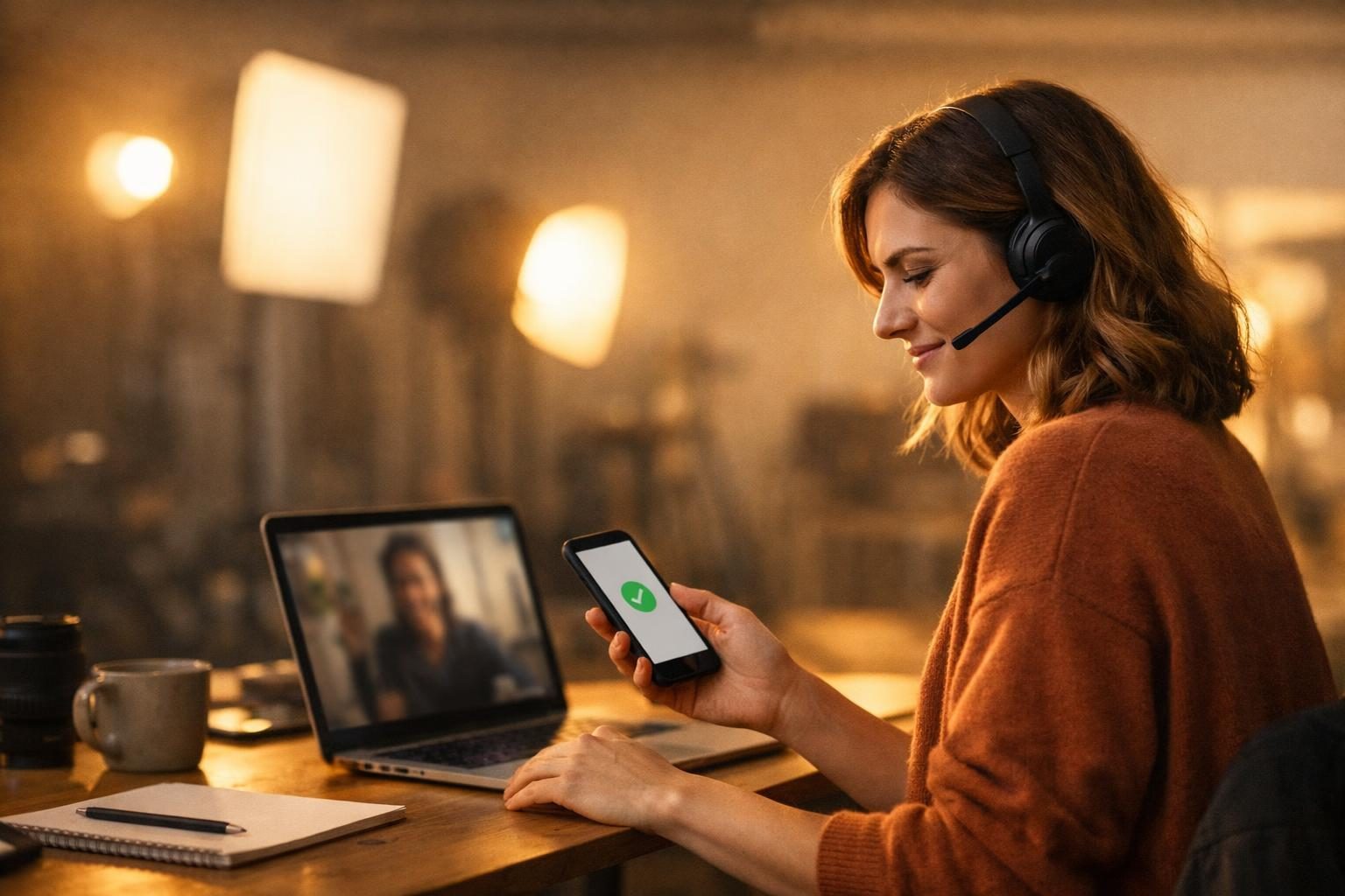 Remote worker mid video-call in a photographer’s studio, checking a phone for a download confirmation in warm golden light.