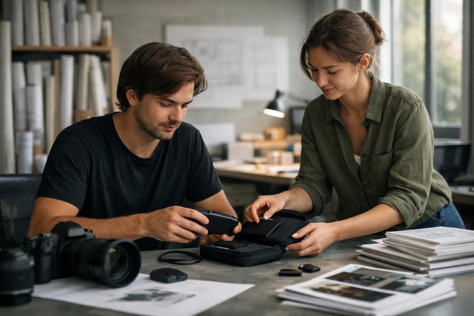 A young photographer and an assistant packing an external drive after offloading a shoot in an architect’s studio with rolled drawings, lit by soft morning window light.