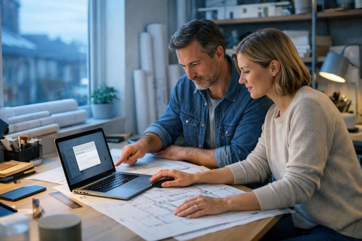 Two architects in a bright early-morning maker’s studio nook compare drawings while one copies a share link on a laptop to send to a client.