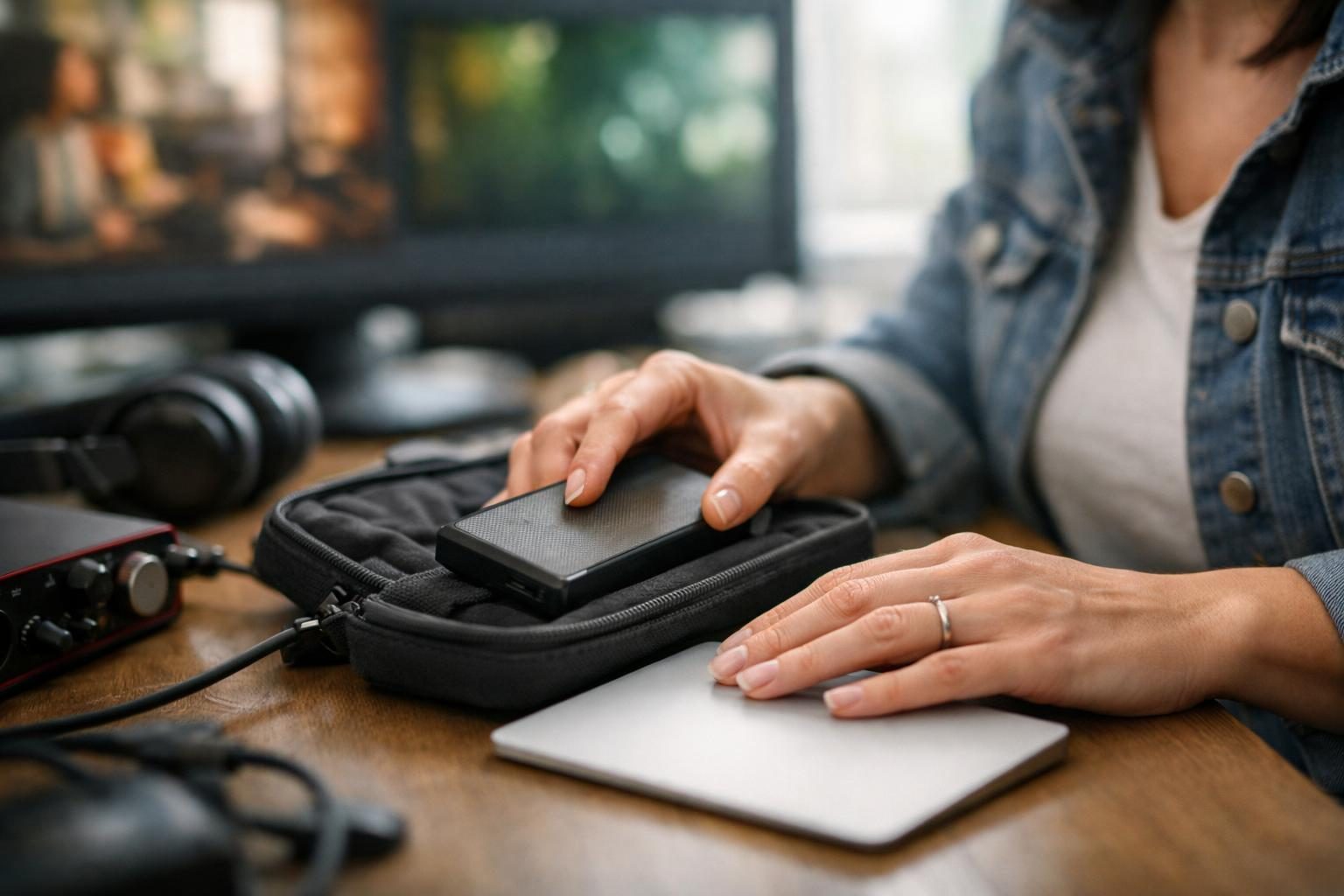 Close-up of a freelance designer’s hands on a trackpad in a video editor’s suite as she packs an external drive after offloading a shoot, relaxed end-of-day mood in bright overcast daylight.