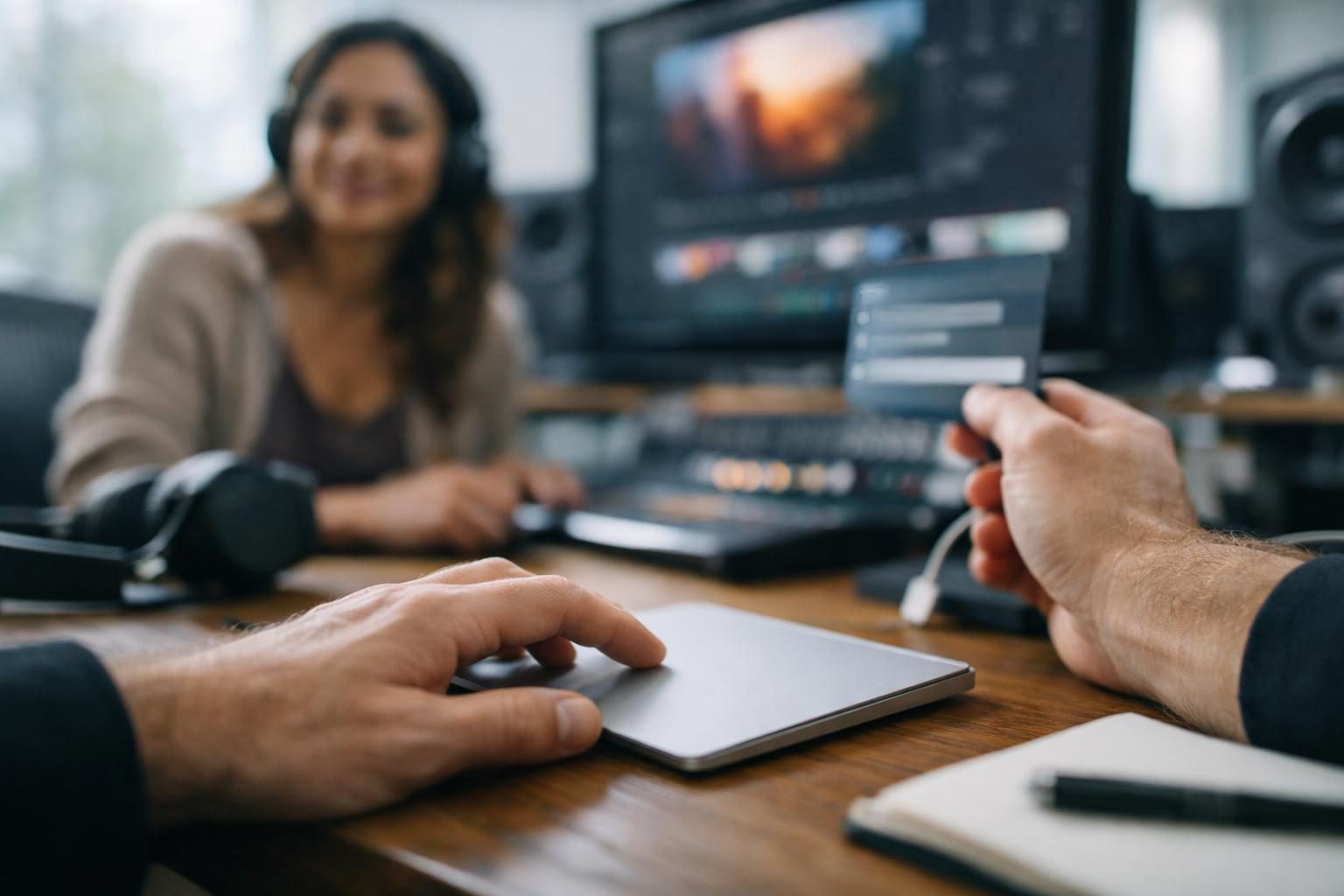 Close-up of hands on a trackpad in a video editor’s suite with a colour-graded monitor in the background, as a music producer and vocalist copy a share link to send to a client, in bright overcast daylight with a relaxed end-of-day mood.
