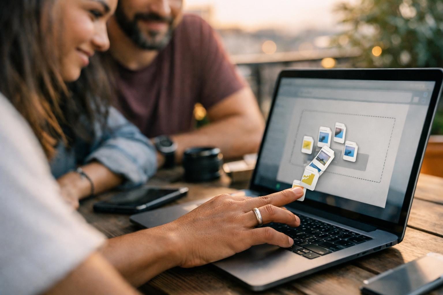 Close-up of hands using a trackpad to drag files into a browser on a balcony workspace, with a small creative team gathered around the screen in relaxed end-of-day light.